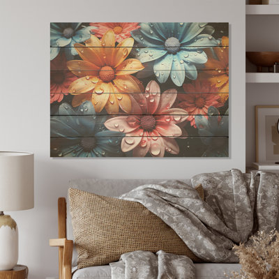 Marguerite colorée, abstraction florissante - marguerites, art mural sur bois de pin naturel