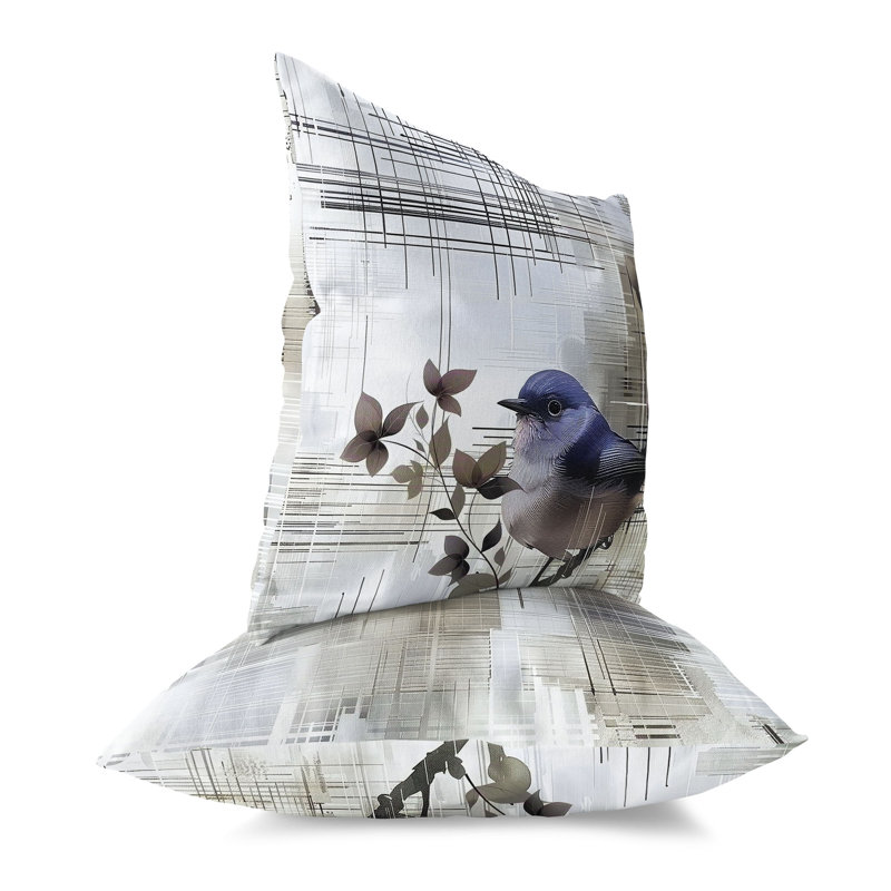 Coussin décoratif oiseau sur une branche, H 20 po x l 20 po, Bleu / Vert