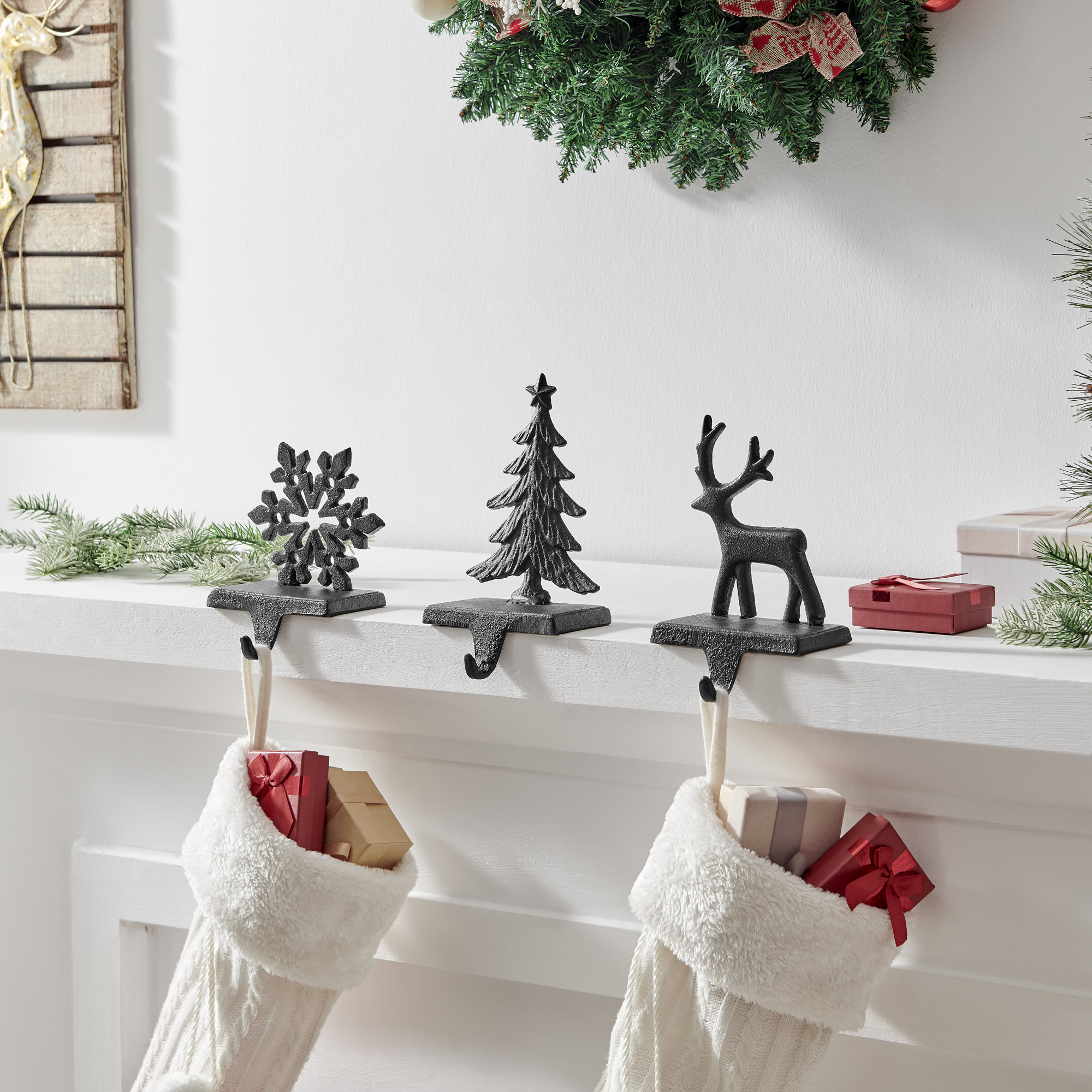 Dark Brown Cast Iron Holiday Sculpture Figure Christmas Decorative Utility Mantel Stocking Hook Set Of 3 - Snowflake, Reindeer, Tree