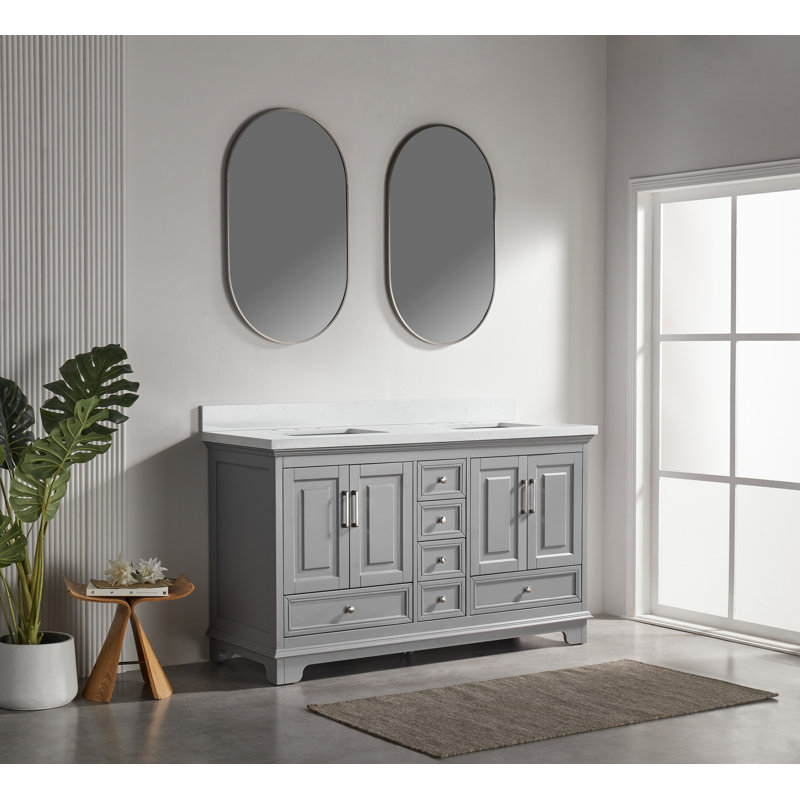 Meuble-lavabo double autoportant de 60 po avec pierre artificielle entièrement assemblé, Gris
