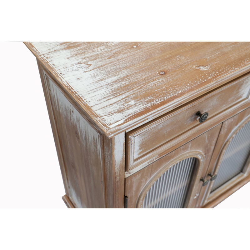 59" Farmhouse Distressed Wood Sideboard Buffet, 3 Drawers 4 Arched Glass Doors Credenza, Rustic Storage Cabinet For Dining Room