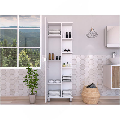 Armoire de coin, cinq tablettes ouvertes, une porte, finition blanche