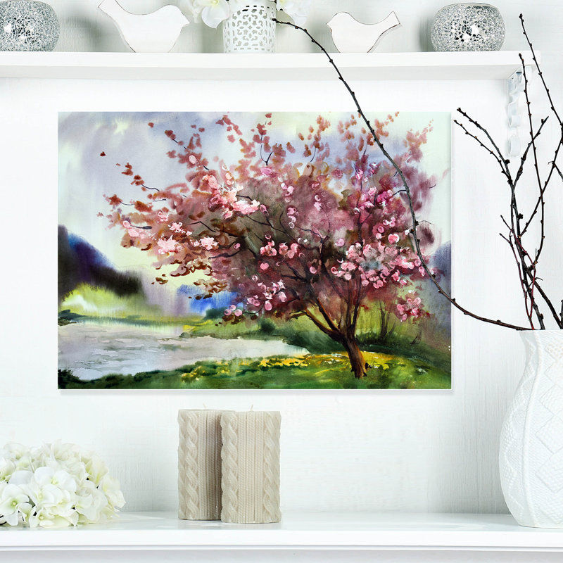Arbre avec fleurs printanières - reproduction d'art, H 30 po x l 40 po x P 1,5 po, Bois