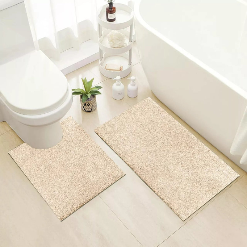 2 Piece Alya Small Bath Mat Ultra Soft Bathroom Rug Anti Slip Toilet Rug Pedestal Mat Set, Beige, 80cm L x 50cm W