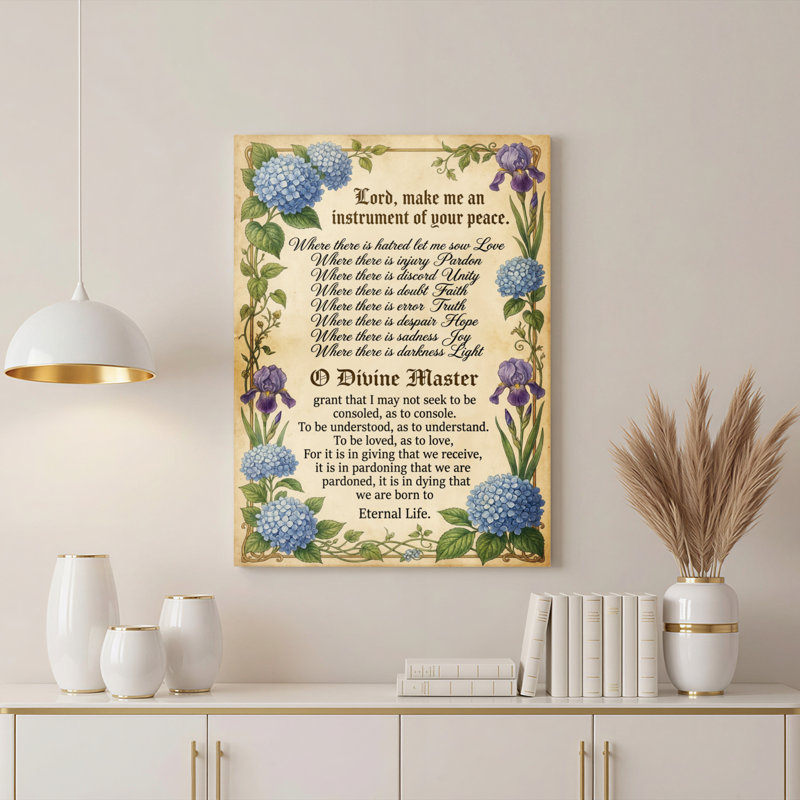 Tableau sur toile tendue à motif floral d'hortensias bleus et d'iris violets, accompagné d'une prière pour la paix, idéal pour la décoration intérieure (salon, chambre ou église).