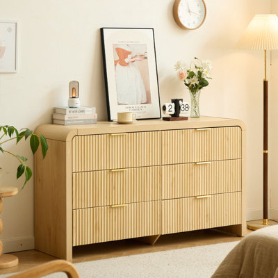 55" Modern Fluted 6 Drawer Dresser, Sculpted Texture & Waterfall Corners, Wood Bedroom Dresser