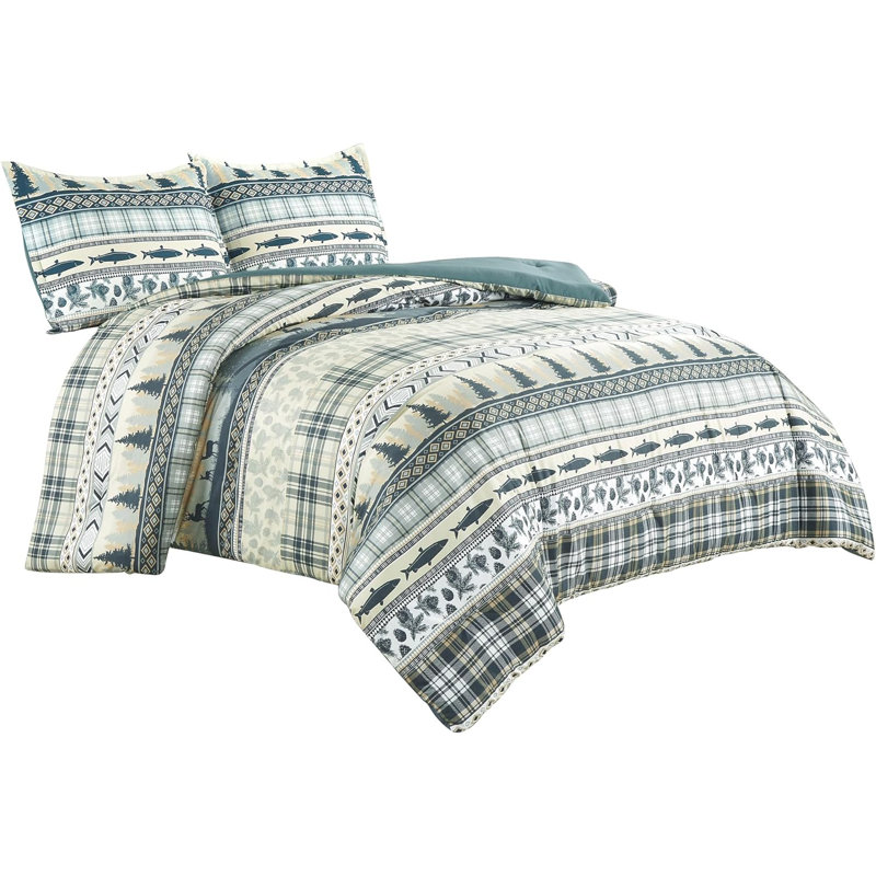 Meadow Pine Tree Fish Deer Cabin Lodge Comforter Set, Full Comforter + 2 Standard Shams
