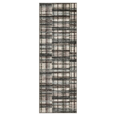 Modern Machine Washable Plaid Floor Cover with Non-Slip Backing, Stain-Resistant Low Pile Indoor Mat, Farmhouse Accent Carpet