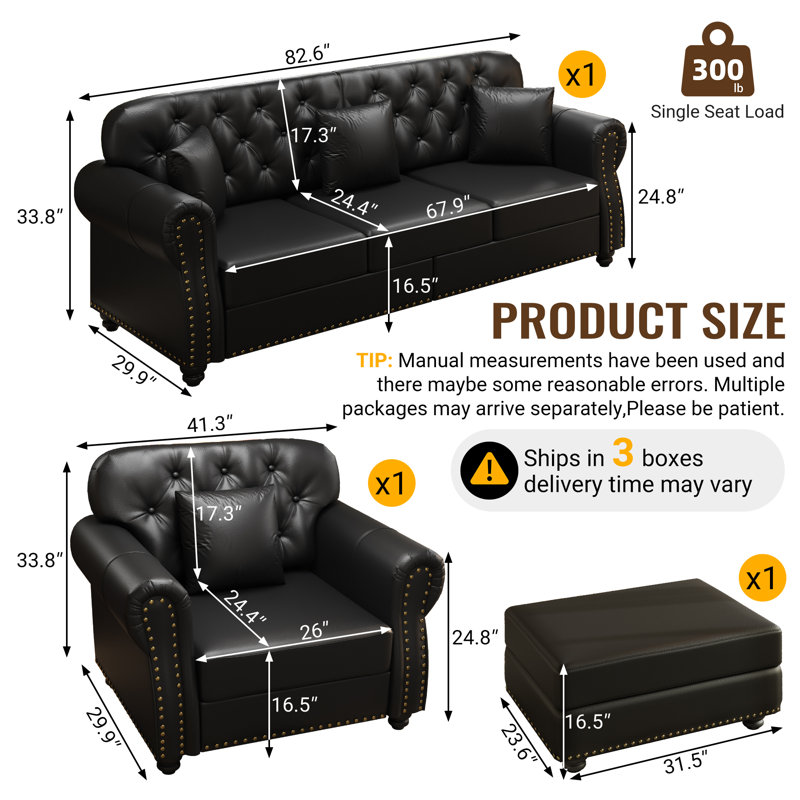 3 - Piece Faux Leather Chesterfield Living Room Set, Includes 3-Seater Sofa, Armchair, and Ottoman, Black, Black, 4-Seater