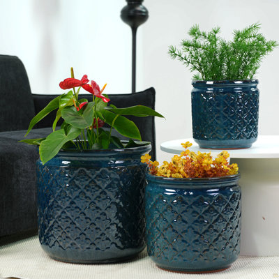 Ensemble de pots de fleurs en céramique fait à la main de 3, 15/12/9 pouces de diamètre, bleu marine avec motif géométrique, pour orchidées d'intérieur / extérieur sur le rebord de la fenêtre et de la bibliothèque, argile respirante
