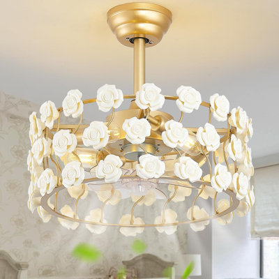 Ventilateur de plafond 20 "avec lumière Fandelier Gold, ventilateur de plafond en forme de lustre en fleurs avec lumières, télécommande Mid-Century moderne avec 6 vitesses pour chambre à coucher