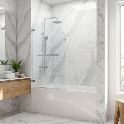 Orion 34 in. W x 58 in. H Frameless Hinged Tub Door and Satro 3-Piece Bath Hardware Set in Chrome