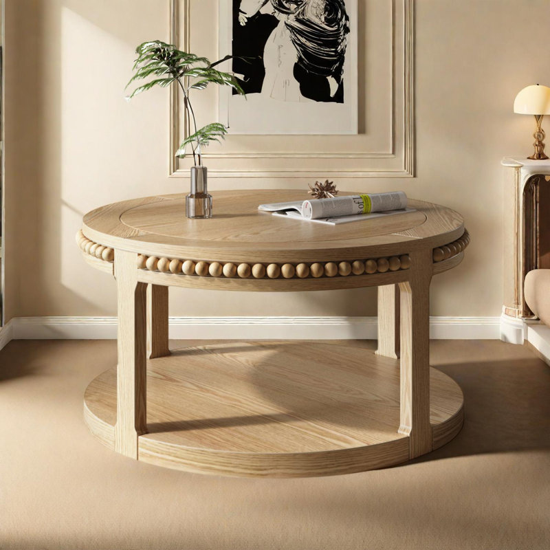 Table basse ronde en bois massif de 31,5 pouces - Conception à deux niveaux avec pieds robustes, Bois naturel