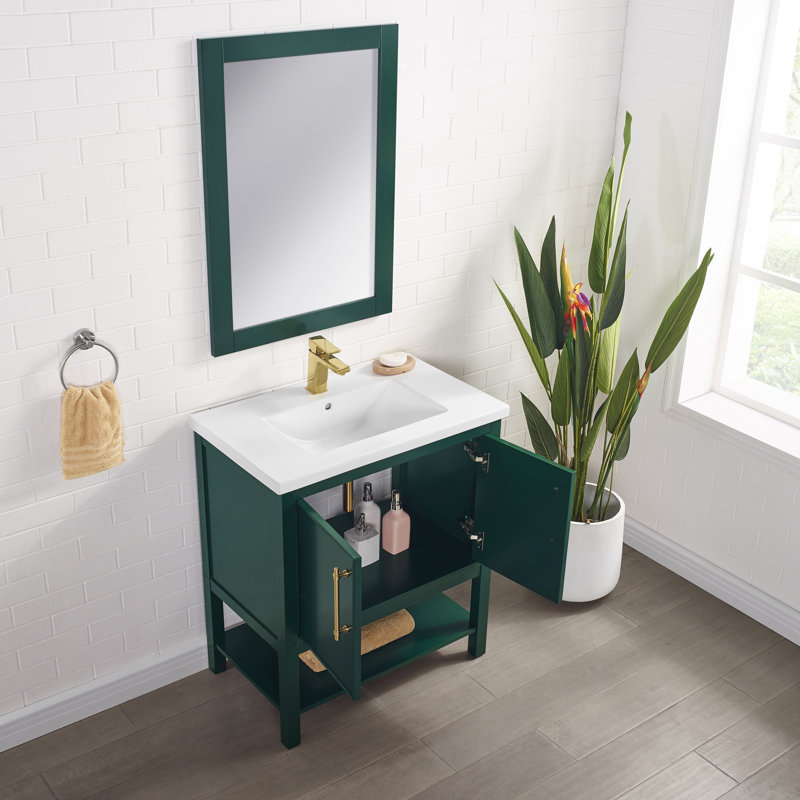 Jewell 30'' Single Bathroom Vanity with Ceramic Top, Forest Green/Antique Brass