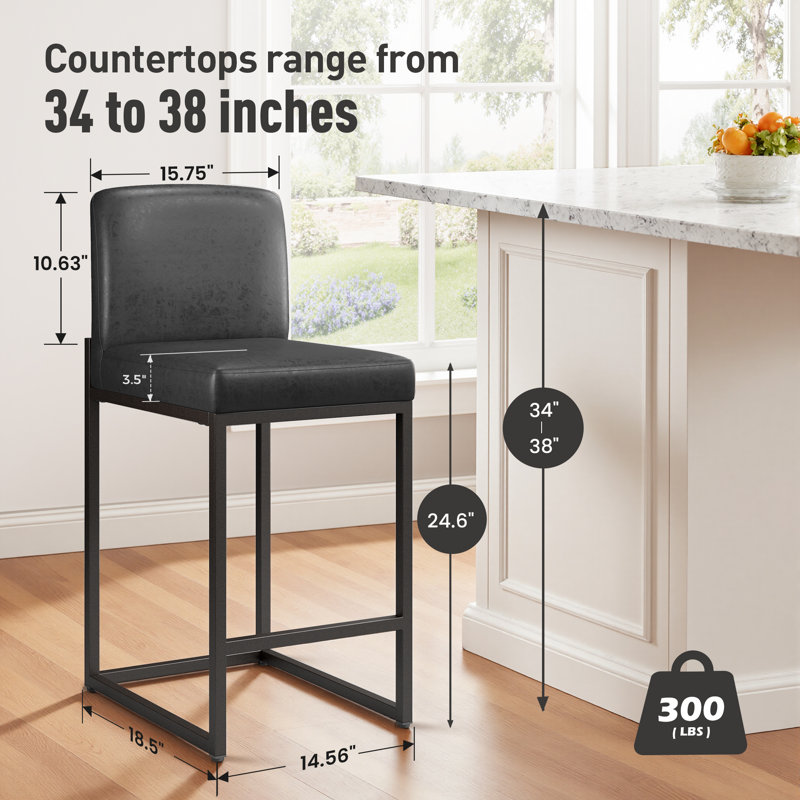 Tabouret de comptoir de cuisine moderne 24 po avec base de traîneau en métal noir et similicuir noir (ensemble de 2), Noir, 2
