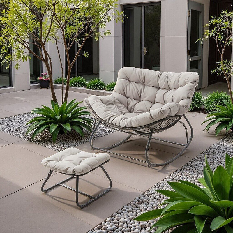 All-Weather Wicker Egg Rocking Chair With Ottoman, Plush Cushions, Indoor Outdoor Lounge, Light Gray