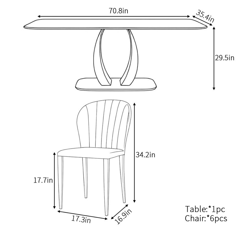 Light luxury modern rectangular dining table set, 29.5" H x 70.8" L x 35.4" W