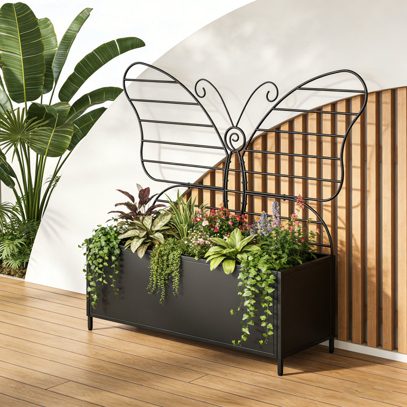Raised Garden Bed, Elevated Metal Planter Box With Butterfly-shaped Trellis,black