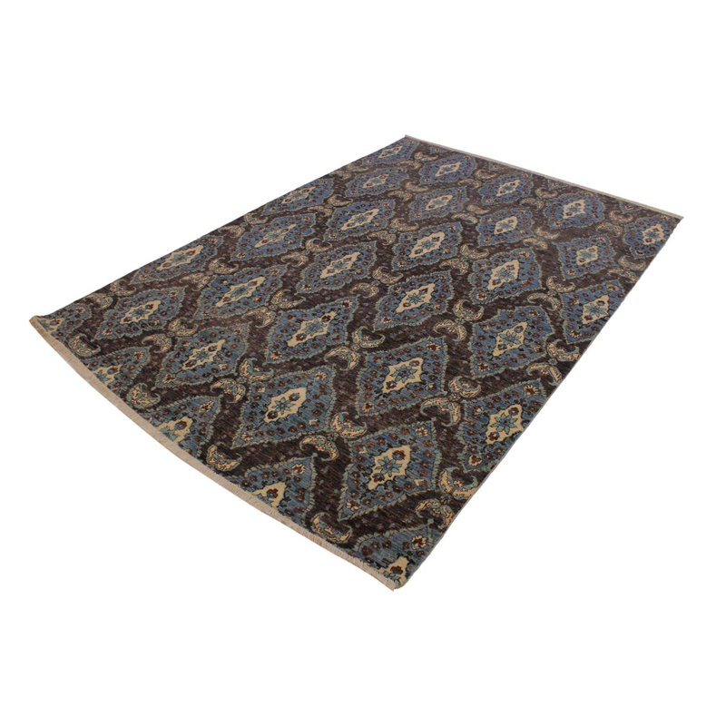 Tapis gris / bleu en laine noué à la main 6 pi 3 po x 9 pi Everson Ikat