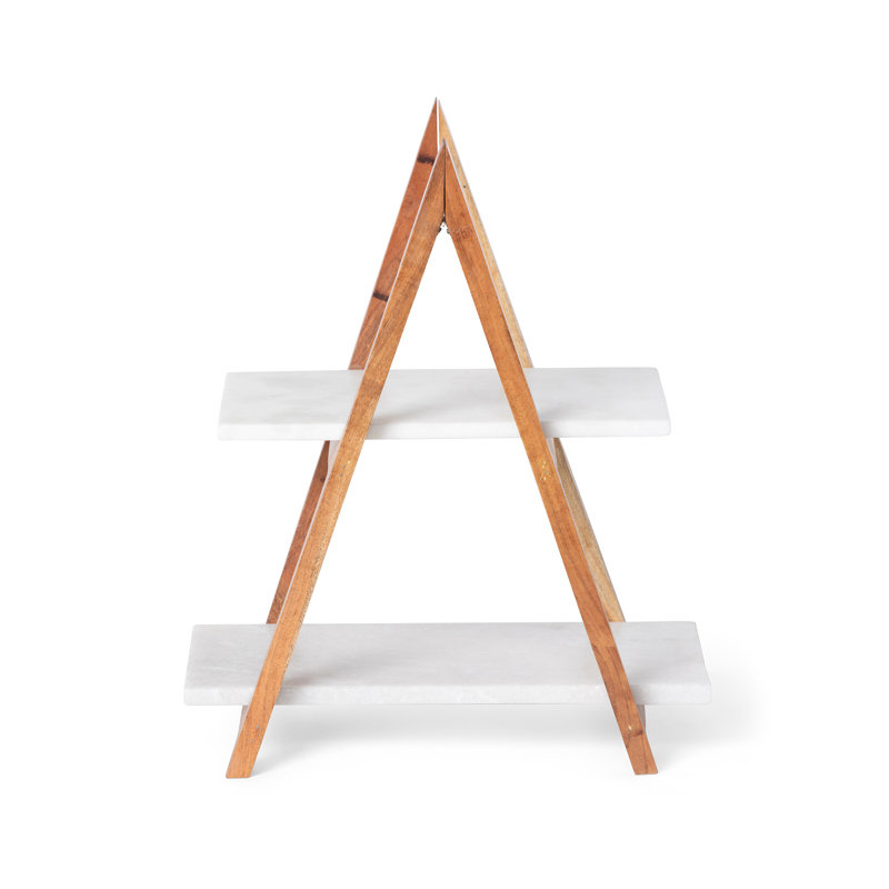 Two-Tier White Marble and Wood A-Frame Cheese Server