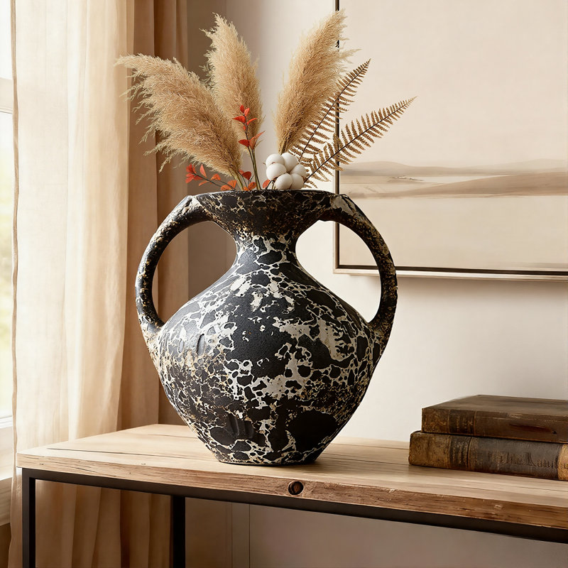 Handmade Ceramic Table Vase, Boho Pottery Terracotta Vase with Sculptural Handles, Decorative Accent Display for Modern Rustic/Farmhouse/Mediterranean Interiors Decor