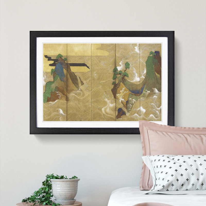 The Waves at Matsushima by Tawaraya Sotatsu - Picture Frame Painting Print, 27cm H x 36cm W x 2cm D, Black Framed
