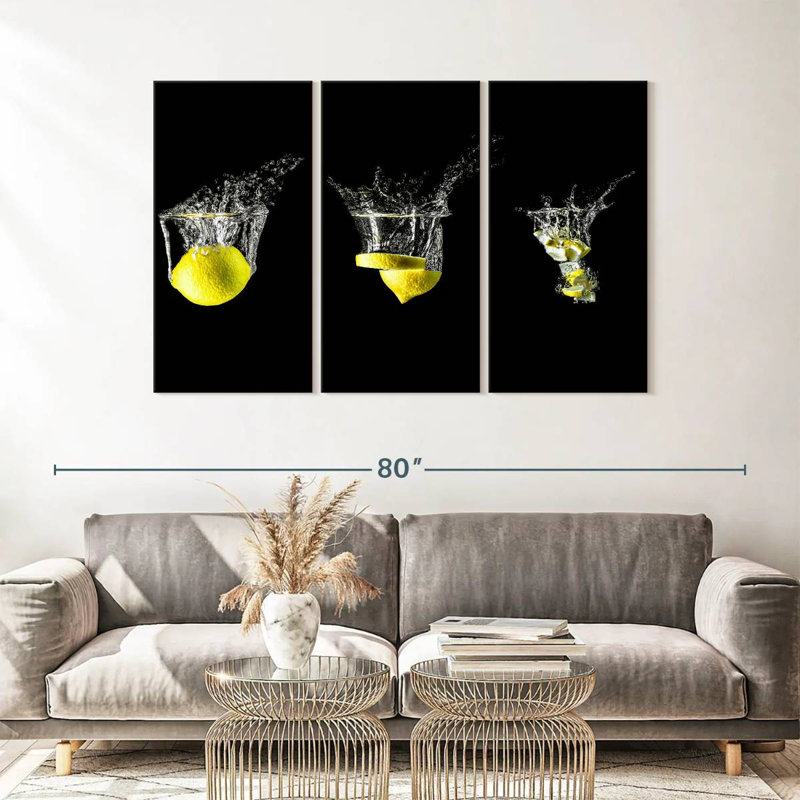 " Lemon Splashes " by SodaPopArt 3 - Pieces, 57" H x 36" W x 1.25" D