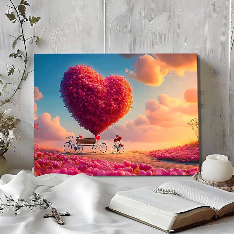 Heart Balloon And Flowers Canvas Poster, Bicycle Filled With Roses Painting Prints Valentines Day Wall Art Framed Pictures Prints For Bedroom, Living Room, Office
