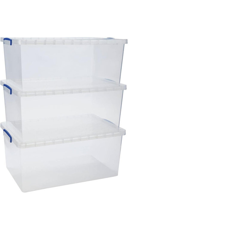 Chadman 55L Heavy Duty Clear Plastic Storage Box with Lid & Wheels Stackable Storage Pack of 3
