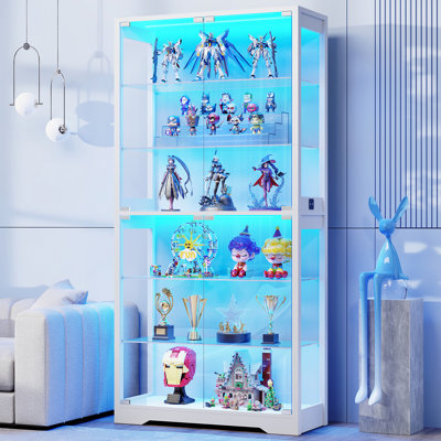 Brottar Display Cabinet With Glass Door, Curio Cabinet With 3 Color Light For Collectibles, Display Case With Adjustable Glass Shelves, Human Body Sensor, Multi-functional Storage Cabinet, White