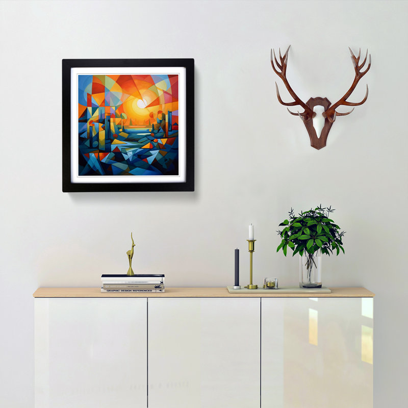 Sunrise Cubism No.4 - Single Picture Frame Print on Wood, Black