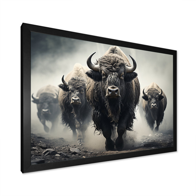 «Gray Buffalo Gentle Guardians I», art mural Buffalo, H 30 po x l 40 po x P 1,5 po, Cadre simple noir