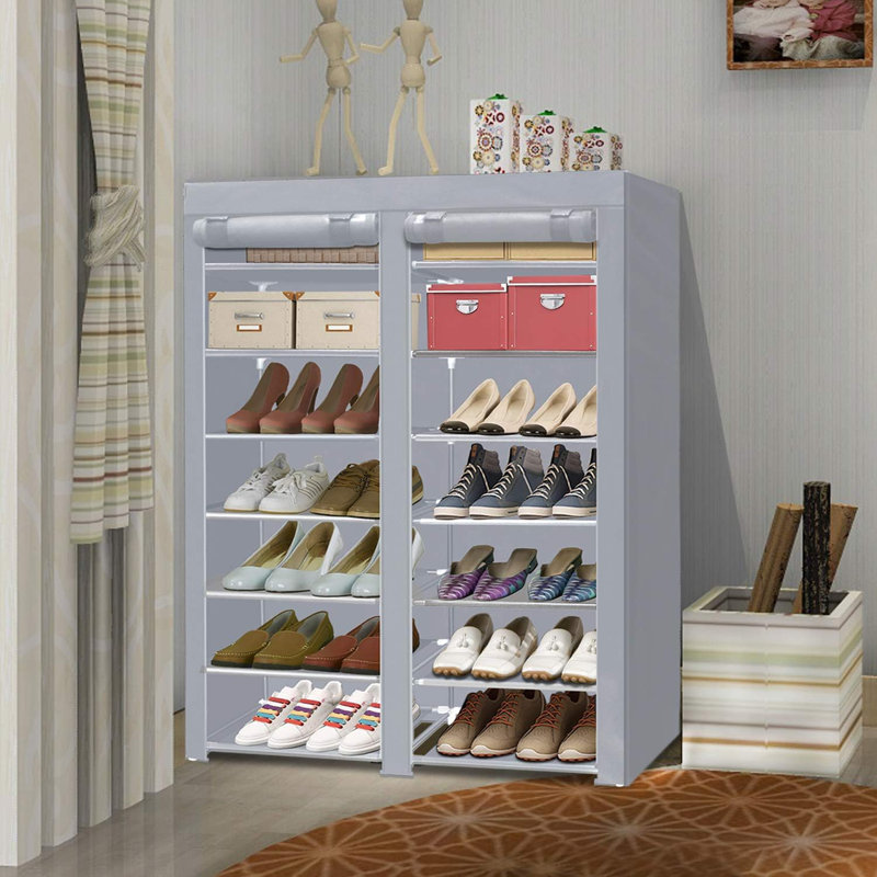 Double Row Shoe Rack Organizer With Dustproof Cover, 7-Tier Storage Cabinet For Closet, Entryway, Dorm, Apartment, And Garage