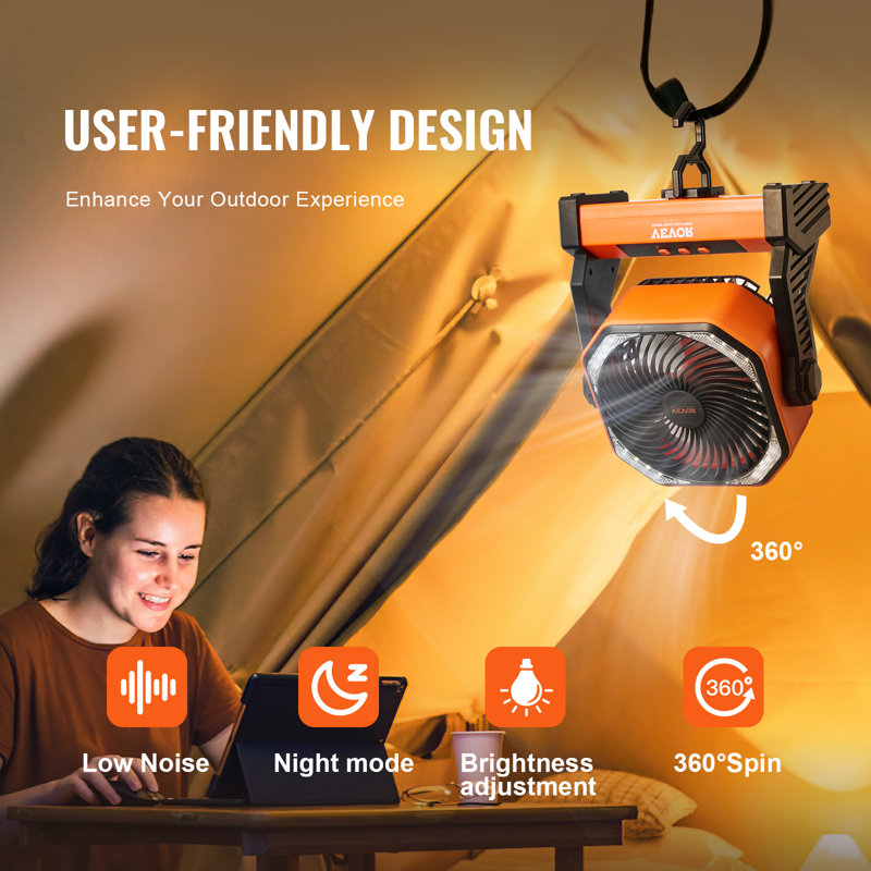 VEVOR 8-Inch Orange Rechargeable Desk Fan with LED Lantern