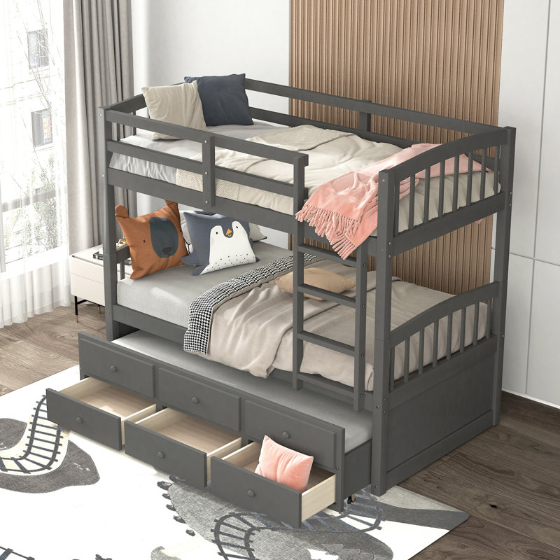 Lit superposé simple en bois massif à 3 tiroirs avec lit gigogne Haileyrose par Harriet Bee, gris