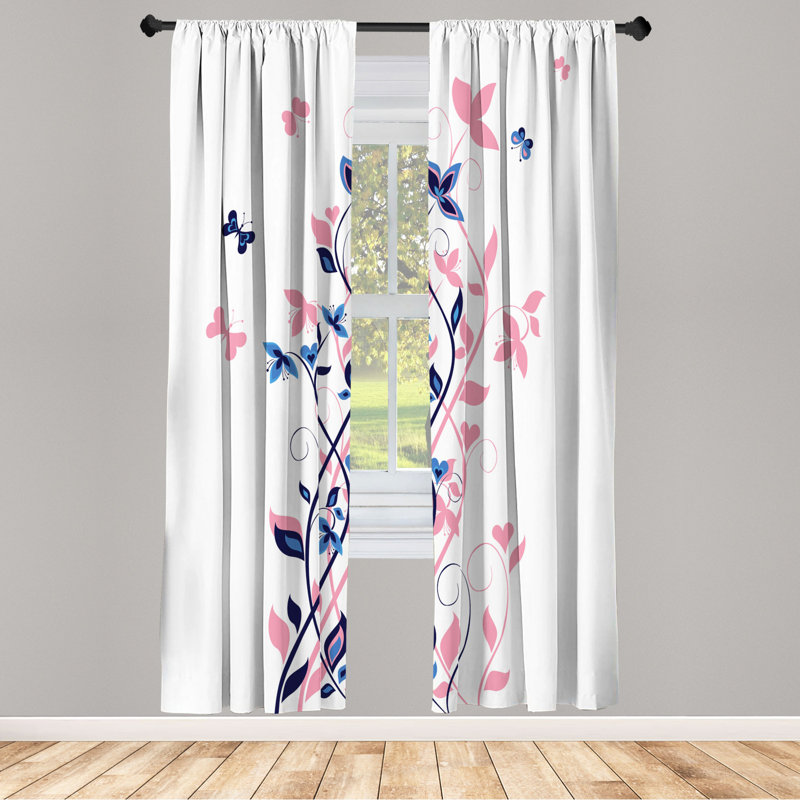 Microfiber Floral Semi-Sheer Rod Pocket Curtain Panels, 28" W x 95" L, Pink/Dark Blue/White