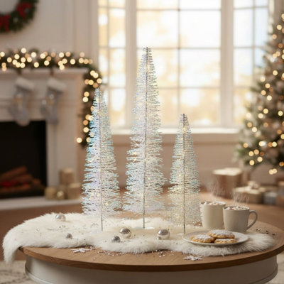 Set of 3 Lighted Holographic Bottle Brush Trees with Timer