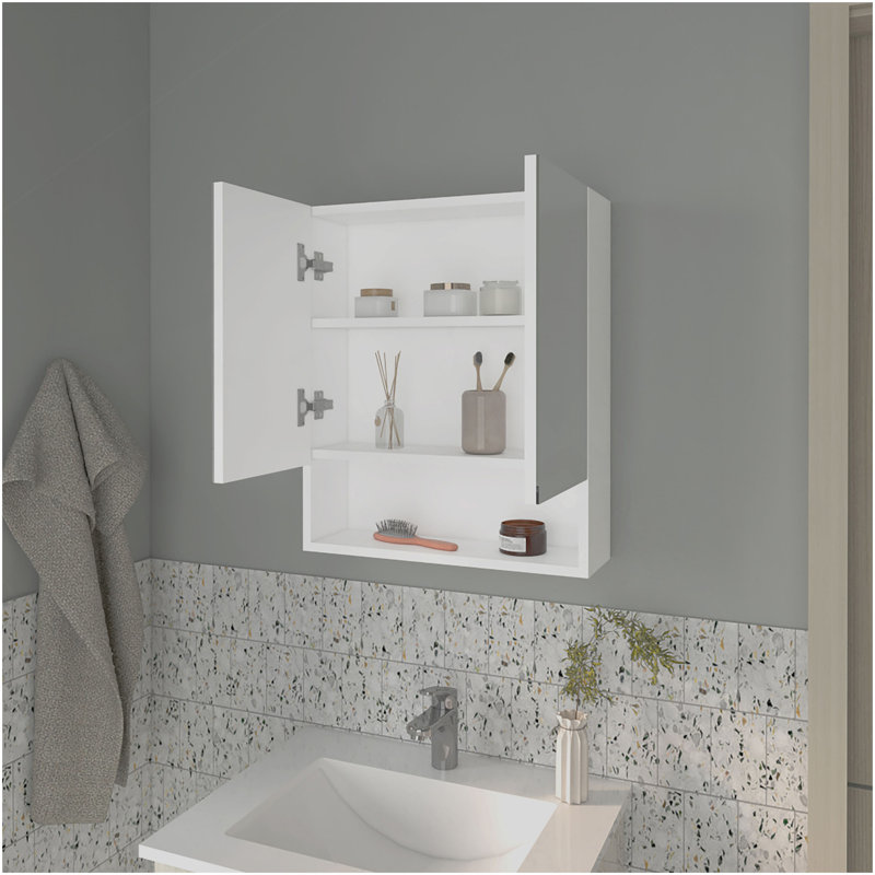 Armoire à pharmacie Lodge avec portes en miroir et rangement ouvert, blanc