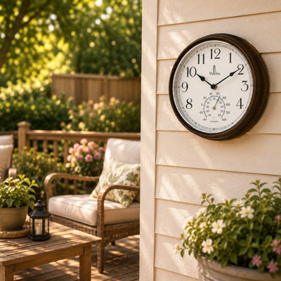 Outdoor Clocks for Patio Waterproof with Thermometer — Bronze 9.5 Inch Indoor Outdoor Wall Clock with Temperature Display — Weatherproof, Accurate & Easy to Read for Pool, Garden & Home Décor