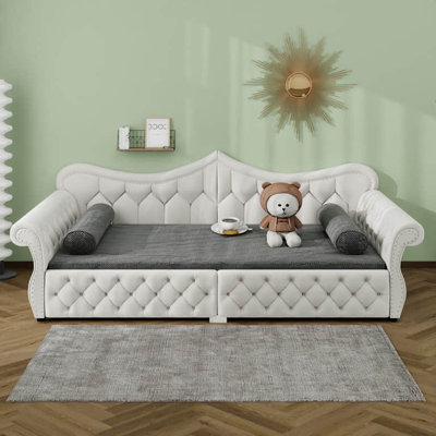 Upholstered Daybed With LED Lights, Sofa Bed Frame With Nailhead Armrests & Backrest For Living Room, Bedroom