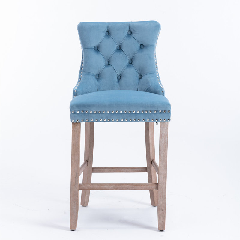 Velvet Upholstered Barstools with Button Tufted Decoration and Wooden Legs, Light Blue