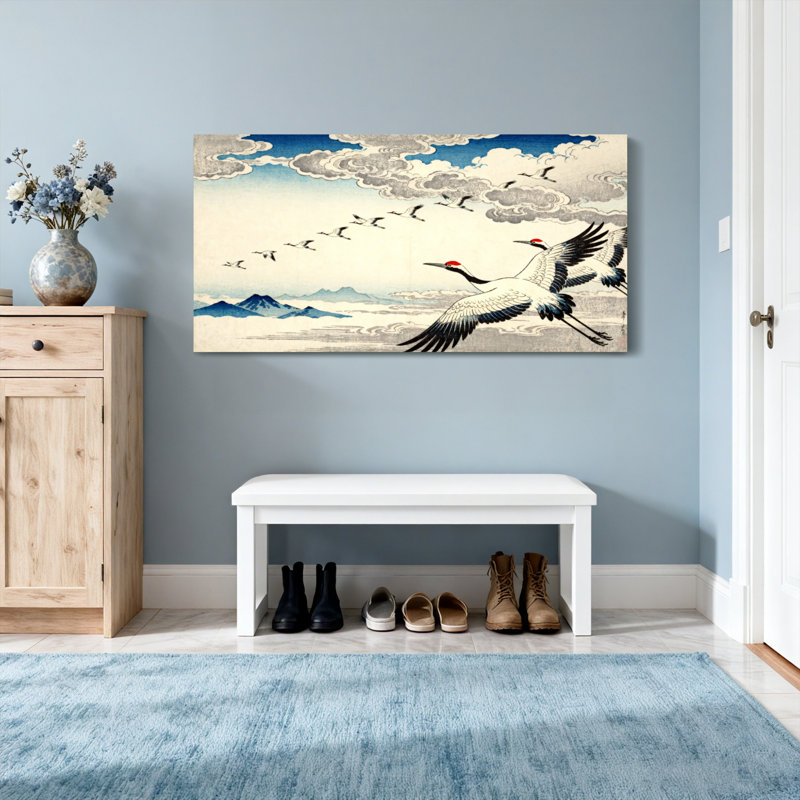 Paysage et nature, grues volantes, montagnes, ciel, impression d'art, H 24 po x l 48 po
