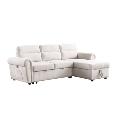 Reversible Sleeper Sectional In Beige Chenille With And Storage Feature , Chaise