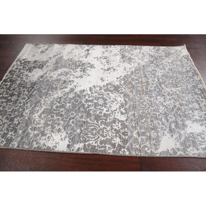 Tapis gris noué à la main de conception unique 4 pi 6 po x 6 pi 8 po New Age