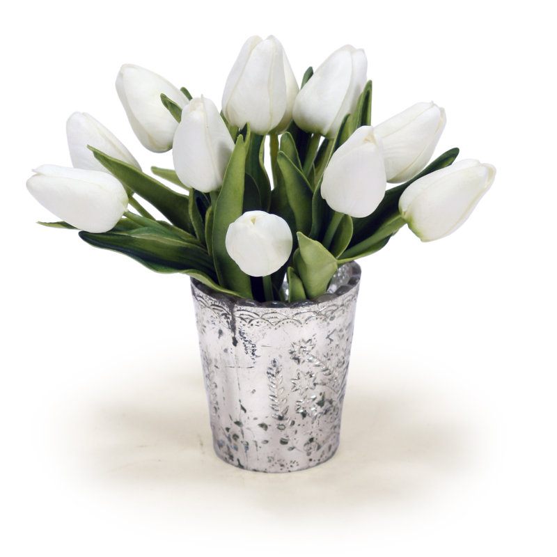 Mini White Tulips In Silver Votive (Set Of 2)