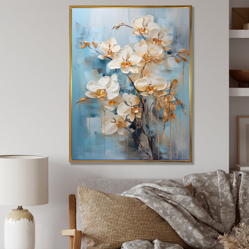 Orchidées beiges et dorées Simplicity VII, H 32 po x l 24 po x P 1 po, Cadre flottant doré