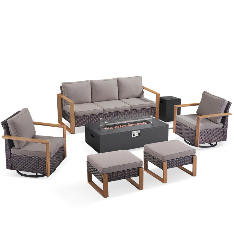 Bruner 6-Piece All Weather Wicker Patio Fire Pit Table Conversation Set With Hidden Tank Holder, Swivel Gliders And Ottomans