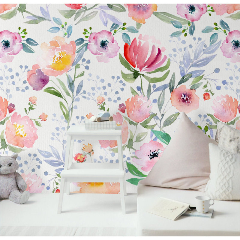 Aquarelle sur fond de fleurs printanières, L 9 po x l 15 po