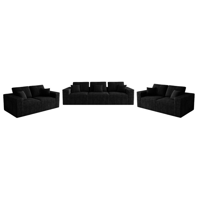 Petit ensemble de salon 106 pour 106 personnes, canapé à compression, velours côtelé noir, 3 Pcs: 2 Loveseats, Sofa