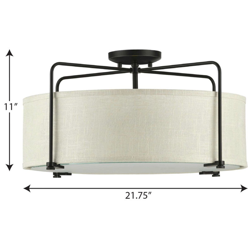 3 - Light Dimmable Drum Chandelier, Antique Bronze, Harvest Linen